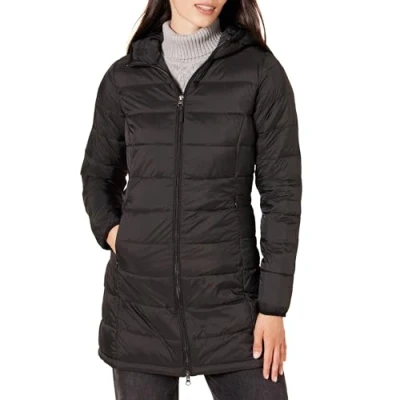 Immagine di Amazon Essentials Cappotto di Piumino Leggero Impermeabile con Cappuccio (Taglie Forti Disponibili) Donna, Nero, XS