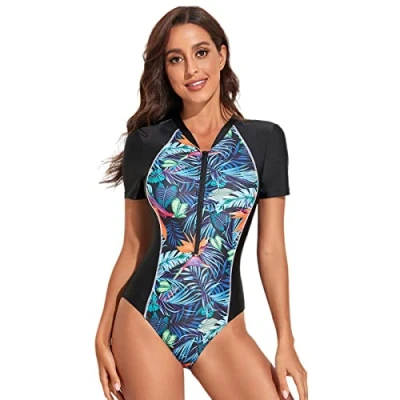 Immagine di BEACHKINI Costume Intero per Donna da Bagno a Triangolo Maniche Corte con Zip Frontale,56 Nero Blu,XL
