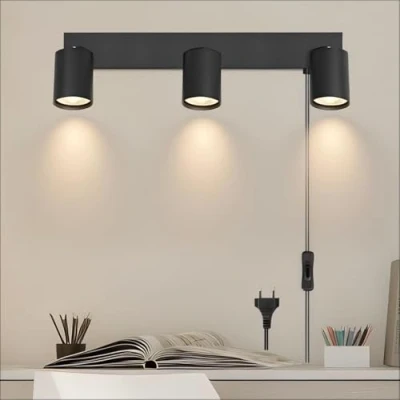Immagine di Kambo GU10 3 Luci nero applique da parete interno, Lampada a muro orientabile 350, Faretto con Interruttore filo, abat jour in alluminio adatta per camera letto, soggiorno, comodino