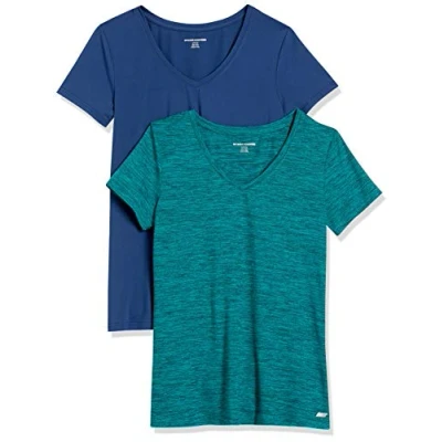 Immagine di Amazon Essentials T Shirt Tech Stretch a Maniche Corte con Scollo V (Disponibile in Taglia Forte) Donna, Pacco da 2, Blu/Verde Acqua Tintura Policromatica, XL