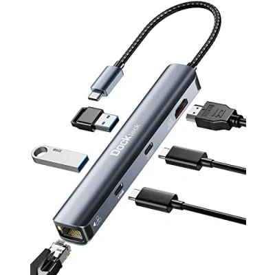 Immagine di Adattatore USB C Hub 6 in 1 HDMI 4K 60Hz, Dockteck Tipo Dongle con HDMI, 1Gbps Ethernet, 100W PD, Data Port, 2 3.0 per MacBook Pro/Air, iPad Mini 6, Steam Deck