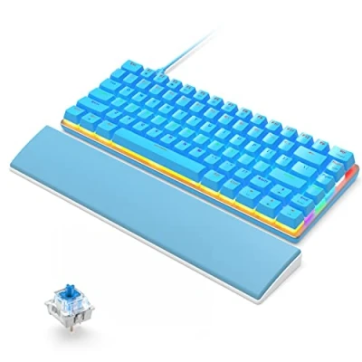 Immagine di Tastiera Meccanica Gaming e Poggiapolsi, USB Cablato 82 Tasti Retroilluminazione Arcobaleno Anti Ghosting Switch Blu Design Ergonomico Compatto, Comodo Poggiamano in Memory Foam,