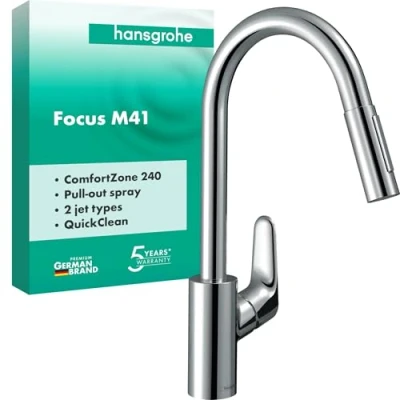 Immagine di hansgrohe Focus M41 Rubinetto da cucina con doccetta estraibile (2 getti), Miscelatore altezza bocca 240 mm, monocomando girevole, cromo, 31815000