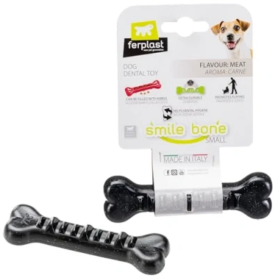 Immagine di Ferplast Gioco Cane, Osso Dispenser Crocchette Cani, in Materiale Durevole da Masticare, Aroma Carne, per Igiene Dentale, SMILE Osso, Giochi Cane Piccolo, Nero
