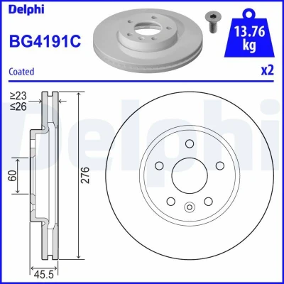 Immagine di DELPHI BG4191C Disco freno 276 26 5 ventilato rivestito non trattato senza cuscinetto ruota, anello sensore ABS OPEL: Astra J Sports Tourer