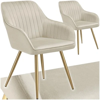 Immagine di TecTake® Sedie da Pranzo Effetto Velluto Trapuntato, Elegante, Imbottitura Schiuma Alta Densità, Gambe in Acciaio, Montaggio Semplice Crema/Oro, 2
