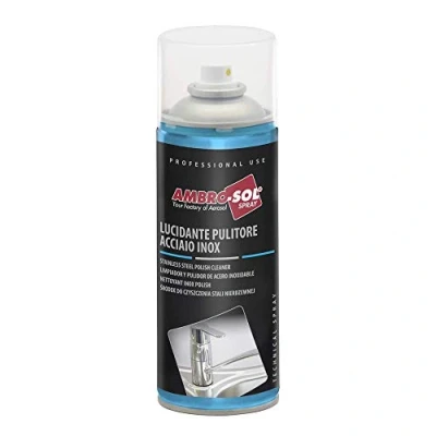 Immagine di Ambro Sol P324 Lucidante Pulitore Acciaio Inossidabile, Detergente, Elimina Depositi di Sporco, Bomboletta Spray in Banda Stagnata Riciclabile 400 ml, Paglierino