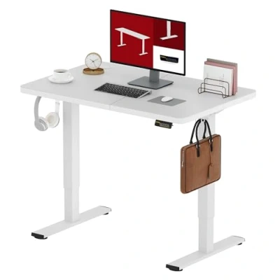 Immagine di SANODESK 120x60cm Scrivania Regolabile in altezza, Standing Desk, elettrica per Computer con Gancio, Blocco Bambini, Funzione di Memoria Ufficio e Casa Bianco