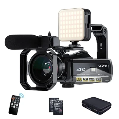 Immagine di Videocamera ORDRO 4K Full HD 1080P 60FPS Vlogging per YouTube Zoom Digitale 30X Schermo IPS da 3,1 &quot;con Microfono, Luce LED, Supporto Fotocamera e Custodia il Trasporto