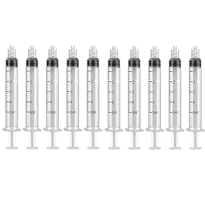 Immagine di 10 siringhe Luer Lock da 5 ml, in plastica, con punta Luer, senza ago, per laboratorio scientifico