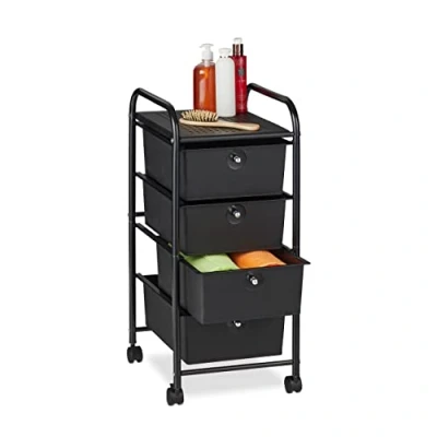 Immagine di Relaxdays Carrellino Salvaspazio con 4 Cassetti, Metallo &amp; Plastica, Carrello Porta Trucchi da Bagno, Multiuso, Nero, Ferro, 1 pz