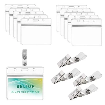 Immagine di BELIOF 50 Set Porta Badge Plastica PVC Trasparente Cartellino con Clip Metallica per Appendere Carte d&#039;Identità Supporti Tessera Infermiera Ufficio Mostra