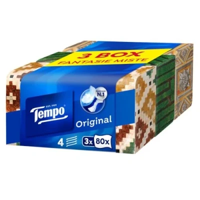Immagine di Tempo, Scatola di Fazzoletti Carta, 3 Scatole da 80 Fazzolettini Monouso, 4 Veli, Box Limited Edition Firmata Marras, Grafiche Assortite, Confezione Riciclabile