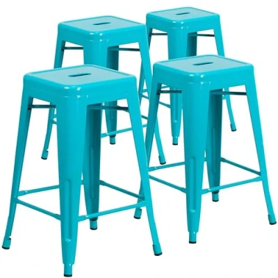 Immagine di Flash Furniture Sgabelli da bar, 4 unità, qualità professionale, senza schienale, per interni ed esterni, con seduta quadrata, in plastica e ferro, 61 cm di altezza, cristallo/color foglia tè
