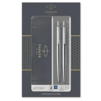 Immagine di Parker Jotter Duo Set con Penna a Sfera e Matita Portamine in Acciaio Inossidabile Finiture Cromata, Confezione Regalo