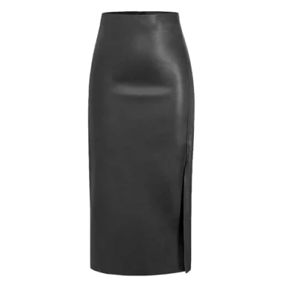 Immagine di MAOAEAD gonna lunga da donna in pelle nera con spacco alto dimagrante a vita alta ecopelle midi sexy una linea aderente gonne, Nero , XL