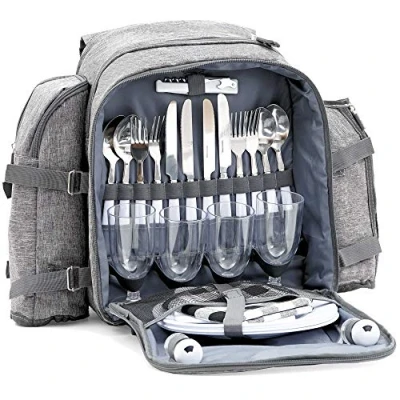 Immagine di CampFeuer Zaino da picnic per 4 persone Set 32 pezzi grigio con supporto bottiglie, coperta picnic, grande scomparto termico, stoviglie e posate
