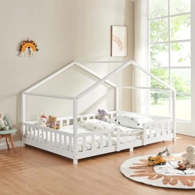 Immagine di [en.casa] Letto per Cameretta a Forma di Casetta con Barriera Protezione Francese Bambini Struttura in Legno Pino 140 x 200 cm Bianco