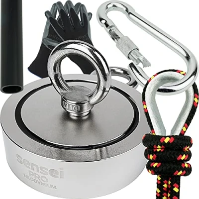 Immagine di Kit SENSEI 350 kg, Magnete a Doppia Faccia al Neodimio N52 con Due Occhielli, Ø9,4 x H2,8 cm, Corda da Pesca 25 m, Guanti Protettivi + Accessori, di Magneti per la Ricerca e