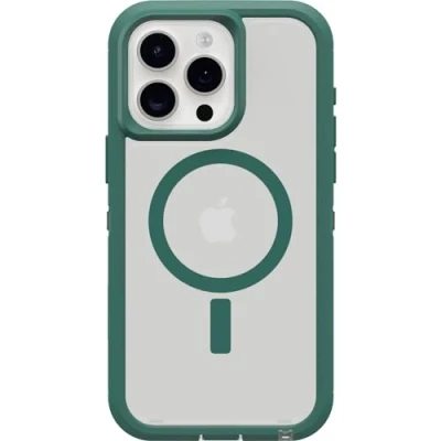 Immagine di OtterBox Custodia Trasparente per iPhone 15 PRO Max (Solo) Defender Series XT Velvet Evergreen (Trasparente), Senza Schermo, Robusta, Si aggancia a MagSafe, Cordino di Fissaggio