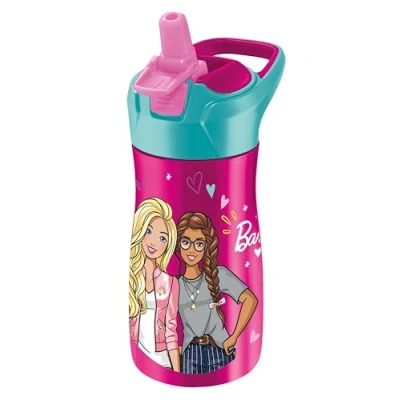 Immagine di Maped Picnik Barbie Borraccia in acciaio inossidabile, sistema automatico a cannuccia, con bottone di bloccaggio, maniglia trasporto, licenza ufficiale Barbie, 430 ml, rosa