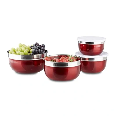 Immagine di Relaxdays Set di 4 Ciotole con Coperchio, Varie Misure, Scodelle Contenitore in Acciaio Inox, Cucina e Campeggio, Rosso