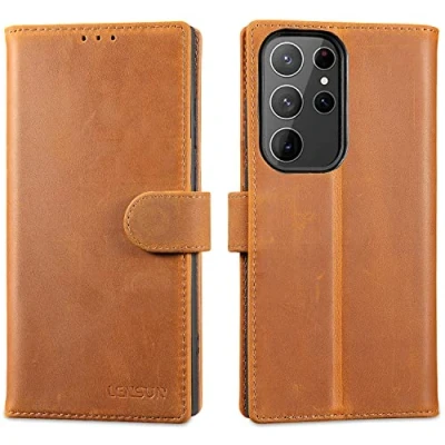 Immagine di Lensun Cover per Samsung Galaxy S23 Ultra, Custodia in Vera Pelle [RFID Blocking] Libro con Portafoglio Chiusura Magnetico Flip Custodie Cuoio Ultra 5G Marrone retrò