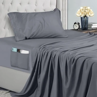 Immagine di Utopia Bedding Set Lenzuola Ricamate 4 Pezzi 90x190 Microfibra Di Poliestere Lenzuolo Con Angoli Tasche Portaoggetti, Piatto e 1 Federa (Singolo, Grigio)