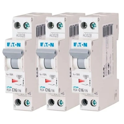 Immagine di EATON 264746 PLG4 C16/1N DISJONTTORE MODULARE PH/N Bianco MANETTA GRIGIO 1P+N / 16A Curva C Connessione a vite 3 interruttori