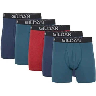Immagine di Gildan Boxer in Cotone Elasticizzato, Multipla Corti, Blue Cove/Hawaiian Blue/Heather Red Mark (Confezione da 5, Gamba Normale), L (Pacco 5) Uomo