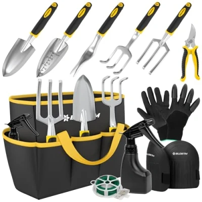 Immagine di BLOSTM Set di Attrezzi Giardinaggio Robusto da 11 Pezzi Giardino Resistenti con Borsa Impermeabile, Maniglie Ergonomiche, Fori Appesi, Kit Donna e Uomini