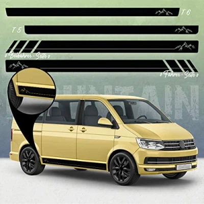 Immagine di AutoDress® Set di strisce laterali per VW T4, T5 e T6 Bus in colore a scelta, motivo: Mountain Silhouette Racing con strada (111 m Black Matt Interasse corto)