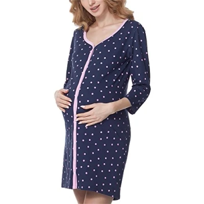 Immagine di Be Mammy Camicia da Notte di maternità Donna con Manica 3/4 e Funzione Allattamento (Blu Scuro Pois (Rosa), XXL)