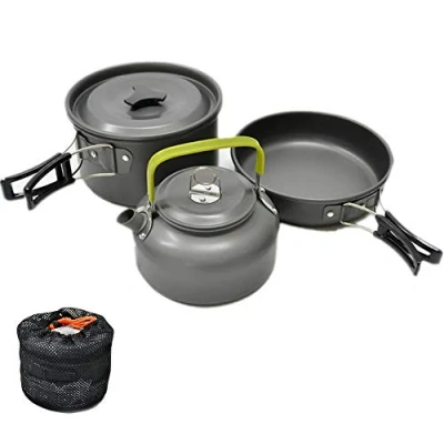Immagine di JZK Piccola pentola con Coperchio Padella Antiaderente e teiera in Alluminio, Set 3 Attrezzi Utensili Cucina da Campeggio Viaggio Moto Trekking