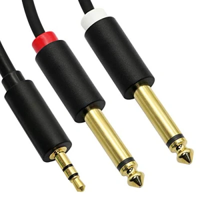 Immagine di cavo audio da 3,5 mm a doppio 6,35 mm, TRS stereo maschio 1/4&quot; TS mono Y Splitter per sistema stereo, amplificatore, mixer, MP3(1,5m)