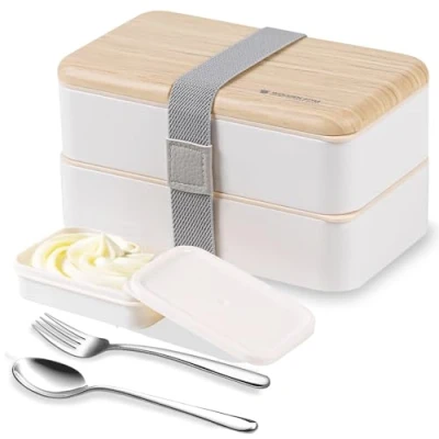 Immagine di Binoster Lunchbox portapranzo Scatole bento box contenitore originale divisore bundle stile giapponese con cucchiaio e forchetta in acciaio inox(bianca)