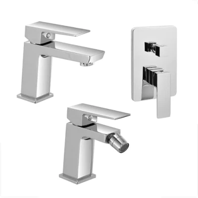 Immagine di Set rubinetti miscelatori per Lavabo Bagno, Bidet e Doccia ad Incasso con deviatore cromati, Scarico Click clack Incluso, Serie Kubo (Set deviatore)
