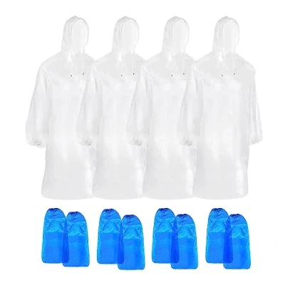 Immagine di 4 Pezzi Poncho Impermeabile Antipioggia Monouso Trasparente, Emergency Raincoat con Cappucci e Maniche per Escursionismo, Montagna, Campeggio,Concerti, Paia di copriscarpe