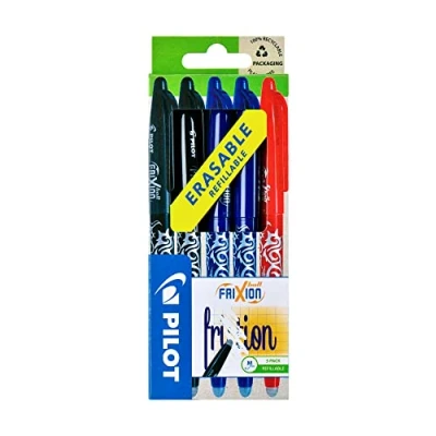 Immagine di Pilot Frixion Ball Set di penne a sfera cancellabili (2 nere, 2 blu, 1 rossa), 0,7 mm