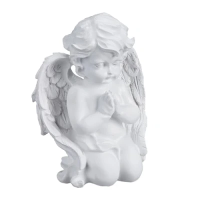 Immagine di Relaxdays Statuetta Angelo Seduto in Preghiera, Statua Commemorativa Resistente al Gelo per Giardino, Poliresina, Bianco, 20 x 15 11 cm