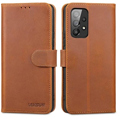 Immagine di Lensun Cover per Samsung Galaxy A53 5G, Custodia in Vera Pelle [RFID Blocking] Libro con Portafoglio Chiusura Magnetico Flip Custodie Cuoio Telefono 5G Marrone retrò