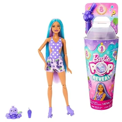 Immagine di Barbie Pop Reveal Serie Frutta, Bambola a Tema spuma D&#039;uva con 8 sorprese profumate e Effetto Cambia Colore, Cucciolo Accessori Slime Inclusi, Giocattolo per Bambini, 3+ Anni, HNW44