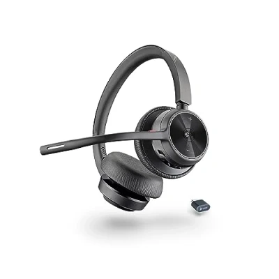 Immagine di Poly Voyager 4320 UC, Cuffia Senza Filo, Connessione Bluetooth 5.1 e Dongle USB C BT700, Cancellazione del Rumore, Cuscinetti in Similpelle, Autonomia 24 Ore, Compatibile con Windows 10 macOS, Nero