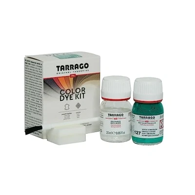 Immagine di Tarrago Kit 25 ml di colorante auto lucido Tintura autolucidante per scarpe, accessori e primer Copre sfregamenti calzature Verde smeraldo (127)