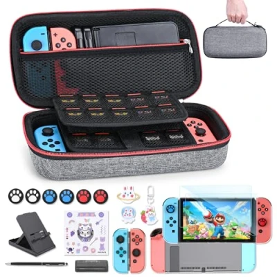 Immagine di innoAura Custodia NS Switch Accessoires pour 18 in 1 con per Il Trasporto, Gioco, Protezione Schermo, Supporto Switch,Thumb Grips (Grigio)
