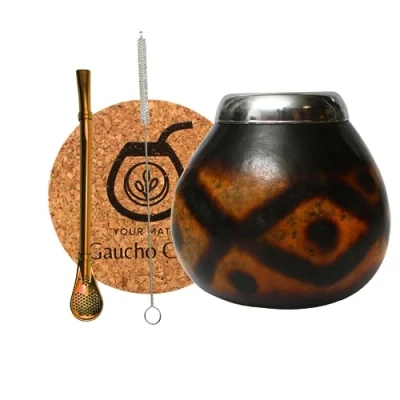 Immagine di Gaucho Cebar Set di calabassi naturali per tè Yerba Mate Tazza zucca e cannuccia in acciaio inox Bombilla Straw Accessories sughero pennello, marrone
