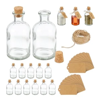 Immagine di Relaxdays Set 16 Bottigliette in Vetro per Bomboniere, Bottiglie da 125 ml, Barattolini con Tappo, Trasparente Marrone