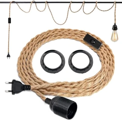 Immagine di BYZESTY Hanging Kit di Lampade In Corda Canapa, 3 m Portalampada E27 con Spina E Interruttore, Testa Singola Lampada a Sospensione Cavo Edison Retrò per DIY Portalampade Decor