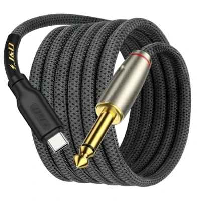 Immagine di J&amp;D USB Tipo C a 6,35 mm 1/4 di Pollice TS Maschio Audio Mono Interconnessione Aux Adattatore Cavo Compatibile con iPhone 15/15 Plus/15 Pro/15 Pro Max Intrecciato Placcato Oro, 2 Metro