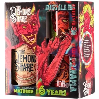 Immagine di The Demon&#039;s Share Rum, 700ml, Note Vanigliate, Speziate e di Cuoio, Rum Scuro Artigianale Panama, Invecchiato 6 Anni in Botti ex Bourbon Americano, Confezione Regalo con due latte, 40% Vol